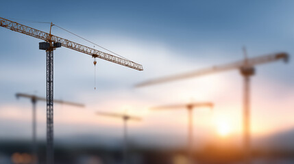 Beginning of success concept with silhouette construction site, heavily defocused sunset background, cranes building construction preparing to welcome new period, development and g