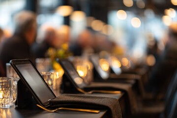 Dining setting with tablets in a restaurant during evening hours with blurred background and warm lights