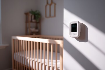 Smart monitor is mounted on the wall in a nursery with a crib during daytime