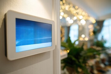 Touchscreen control panel in a modern living room with decorative lights and plants during the evening