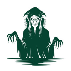 Scary witch with long claws emerging from dark water.