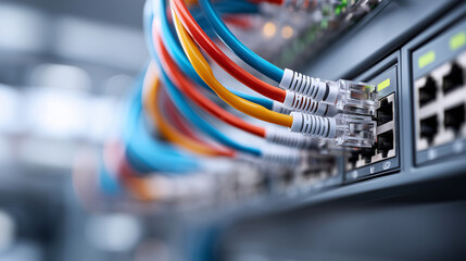 Network panel switch and cable in data center, heavily defocused background, macro shot with augmented reality, ethernet cables connected to router ports, virtual graphics showing