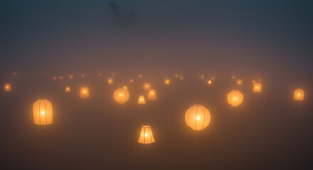 Illuminated Lanterns Floating in the Night Sky