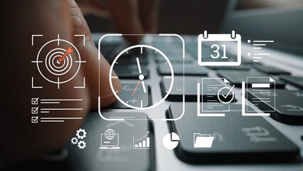 Close-up view of hands typing on a laptop keyboard with various digital icons representing productivity, time management, and project planning superimposed on the image Gluon.