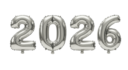 Four large metallic silver foil balloons '2026', showing natural folds, brilliant reflections, and a high-shine finish, isolated on a transparent background with copy space. New year celebration