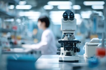 Research in a laboratory with microscope in focus and scientist in background working on experiment