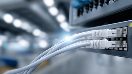 Network panel switch and cable in data center, heavily defocused background, macro shot with augmented reality, ethernet cables connected to router ports, virtual graphics showing