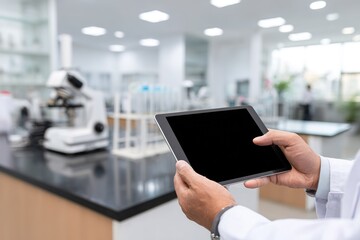 Lab worker uses tablet in research laboratory while analyzing samples and data during work hours