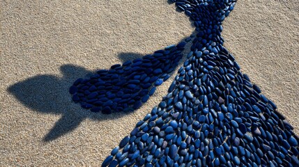 Intricate blue pebble mosaic artwork on sandy ground, showcasing detailed natural stone design and shadow play