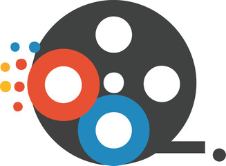 Film reel graphic with red and blue circles on white backdrop