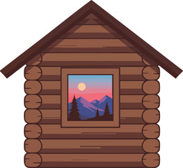 Small cabin with mountain view through window at sunset scene