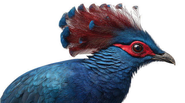 Closeup portrait of a vibrant blue crowned bird with red crest isolated on transparent background