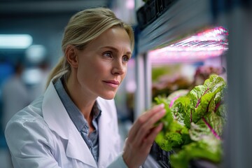 Scientist observes plants in a controlled environment at a research facility during the day