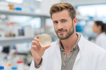 Researcher shows petri dish in laboratory during experiment on microorganisms and samples