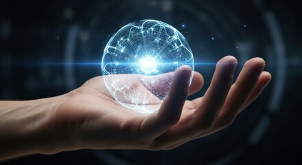 A hand holding a glowing, digital brain with a glowing light inside.