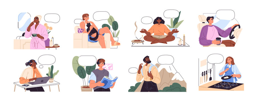 Set of thinking people with blank thought bubbles. Thoughtful men and women dream while work and rest at home. Concept of pondering about wishes. Flat isolated vector illustrations on white background