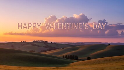 Cloud formation spelling happy valentine day over rolling green hills during beautiful sunset