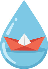 Paper boat floating inside a water drop vector illustration