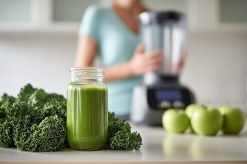 Preparing a green smoothie with fresh vegetables and fruits in the kitchen during the daytime