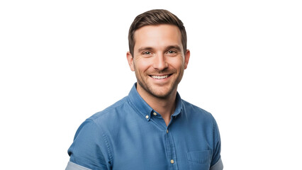 Man in casual shirt smiling and looking towards camera on a transparent background for stock photo use.