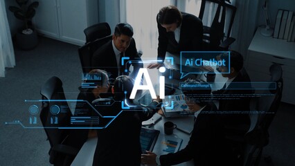 A business team engages in a collaborative strategy session focused on integrating AI technologies, highlighting AI chatbots and their potential for innovative solutions. Raster