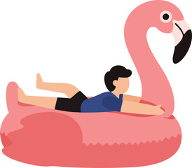 Person relaxing on pink flamingo pool float in simple illustration