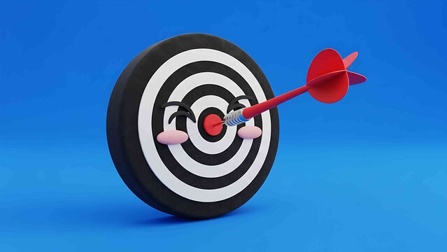 Happy bullseye target hit by red dart on blue background