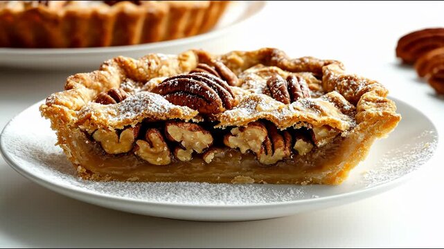 A partially sliced dessert, with a flaky crust, filled with pecans and a golden-brown, caramel-like filling. Powdered sugar dusts the top
