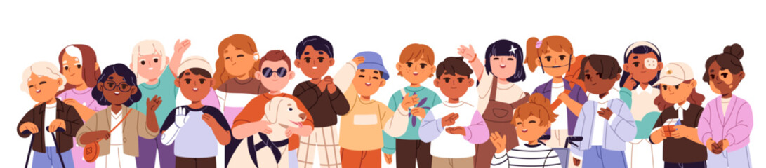 Group of diverse cute kids is greeting. Happy children with disabilities and prosthesis are waving. International child team welcomes together. Flat isolated vector illustration on white background. © Paper Trident