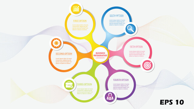 6 Option Business Infographic Template. Modern Radial Process Diagram with Circular Hub and Spoke Design. Marketing Strategy Flow Chart with Professional Icons. EPS 10 Vector