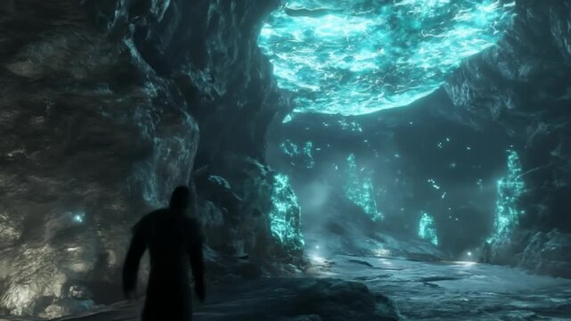 Mysterious illuminated cavern interior with figure in fantasy environment
