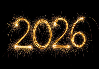 2026 Sparkling Numbers in Golden Fireworks with Bright Warm Lighting on Black Background for New Year Celebration