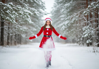 Woman in Santa costume dancing in snowy forest with joyful expression in soft natural lighting for Christmas greeting card