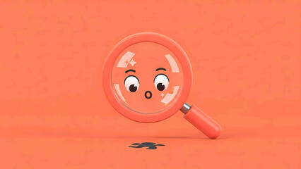 Cute cartoon magnifying glass character observing small detail on vibrant orange background