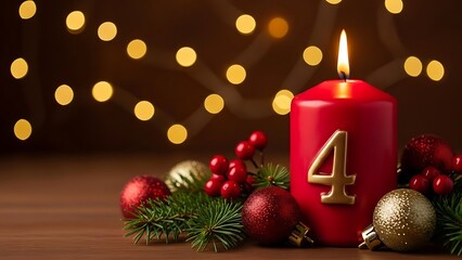 Illuminated red advent candle displaying the number four sits brightly lit beside festive gold and sparkling red Christmas ornaments and fresh green pine branches creating a warm holiday atmosphere.