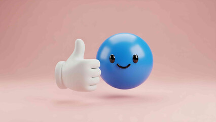 3D happy blue emoji character giving thumbs up gesture on pink background