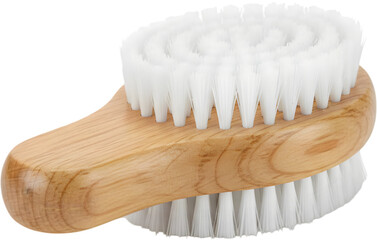 Wooden handle body brush with soft white bristles isolated on white background spa beauty tool suitable for skin care exfoliation and bathroom accessory concept.