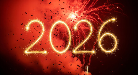 New Year 2026 Celebration with Sparkling Fireworks in Bright Golden Lighting on Dark Red Background for Party Invitation