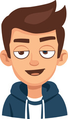 Cartoon male avatar relaxed confident smile expression, casual friendly character face, hoodie boy portrait, modern flat vector illustration isolated
