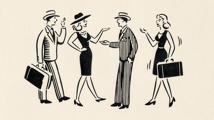 Vintage illustration of elegantly dressed individuals in conversation