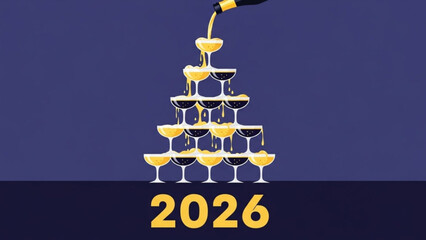 New year's eve champagne tower celebration with glasses stacked high and bubbly drink being poured, new year 2026