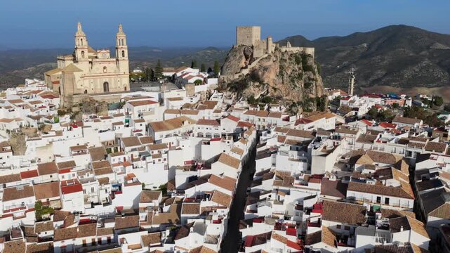 Majestic Olvera: 4K Cinematic Aerial Flyover of the Historic Moorish Castle, Neoclassical Church, and Whitewashed Streets of Andalusia&rsquo;s Capital of Rural Tourism, Spain