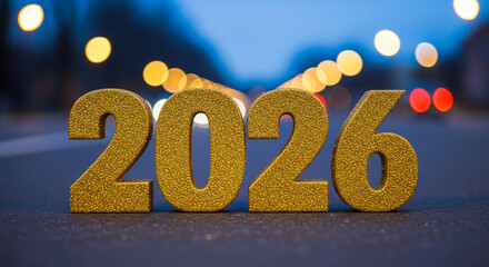 Golden 2026 numbers on road surface with bokeh lights in warm evening lighting for new year celebration