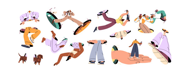 Set of teleporting people. Men and women are jumping, falling down and flying through portals. Characters coming and peeking outside magic holes. Flat isolated vector illustrations on white background © Paper Trident