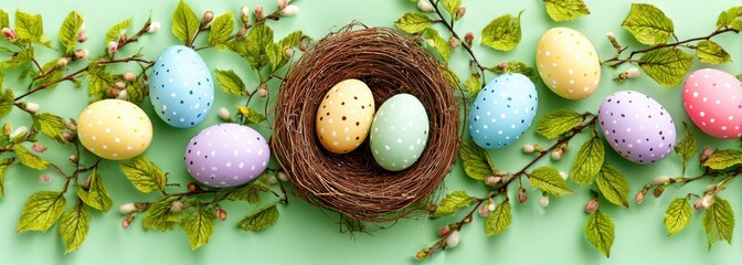 Colorful Easter Eggs In Nest With Willow Branches On Green Background For Holiday Decorations And Springtime Celebrations