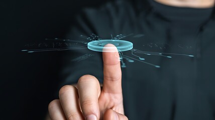 A person in a black shirt interacting with a futuristic glowing blue interface with their index finger
