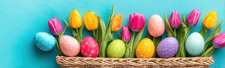 Colorful Easter Eggs And Tulips In Wicker Basket On Blue Background For Holiday Celebrations And Springtime Designs Festive Season