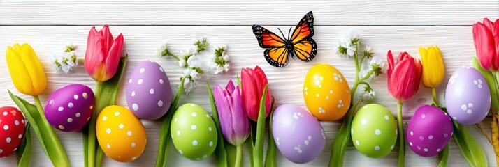 Colorful Easter Eggs With Tulips And Butterfly On White Wood Background For Spring Holiday Season And Festive Celebrations Top View