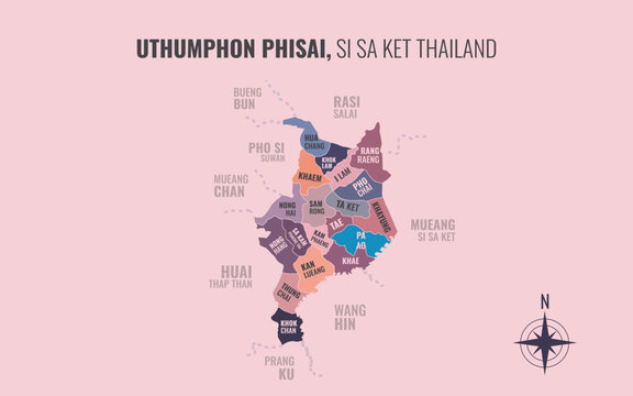 Map showing Uthumphon Phisai District Si Sa Ket Thailand divided into sub districts with minimalist colorful patterns