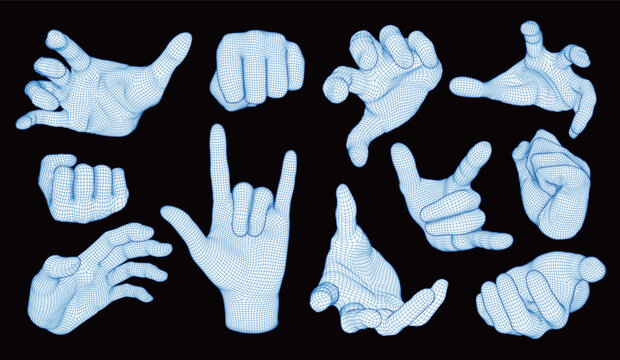 3D wireframe hands set. Blue digital mesh hand gestures isolated on black background. Futuristic cyber technology, AI, virtual reality, and robotics concept. Geometric low poly grid palm collection